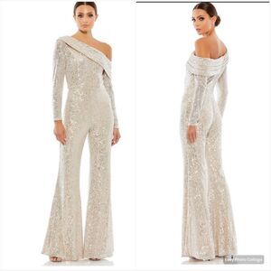 Mac Duggal 26596 SEQUINED DROP SHOULDER LONG SLEEVE JUMPSUIT Nude Gold 10